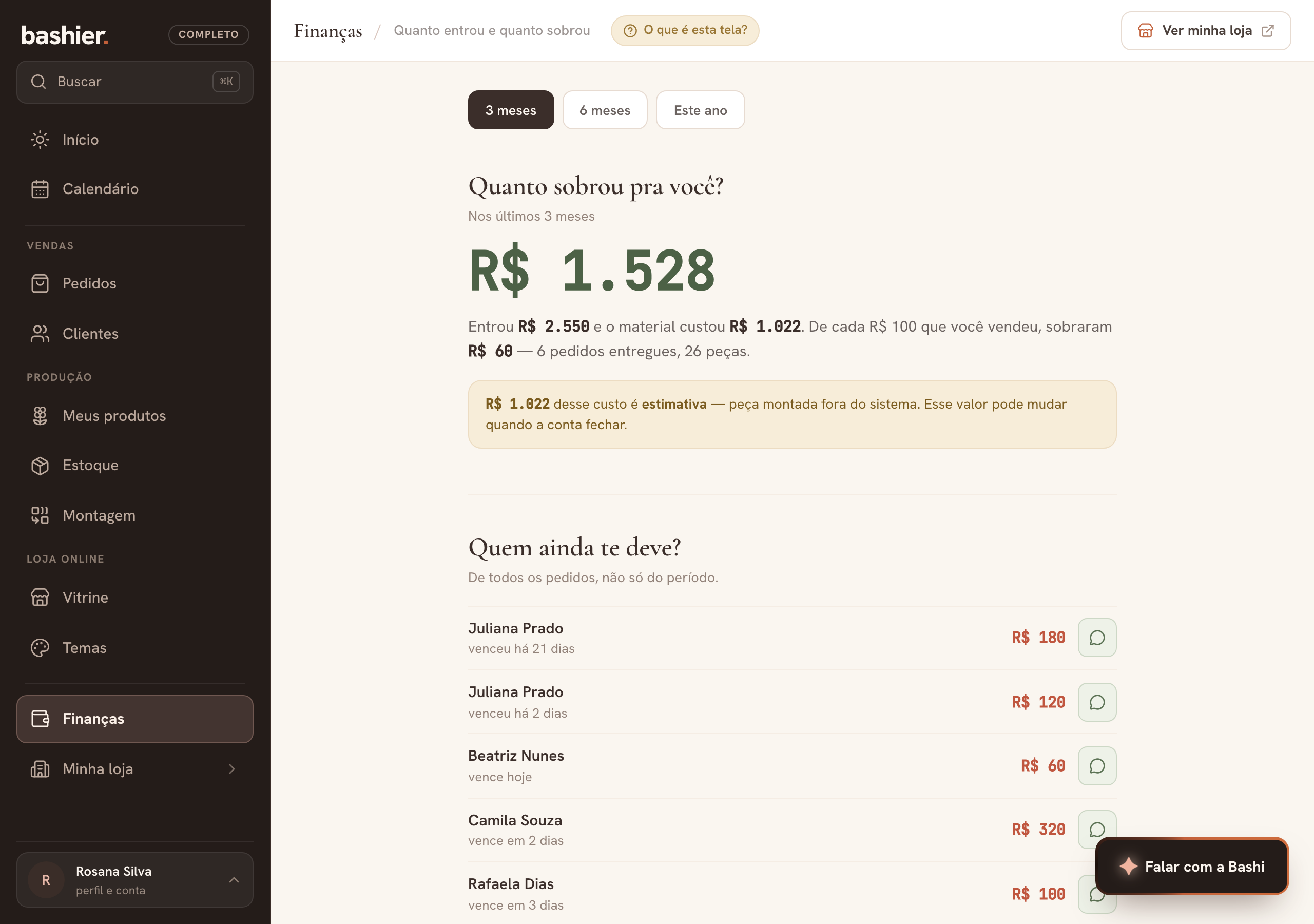 Tela de Finanças com o resumo do período